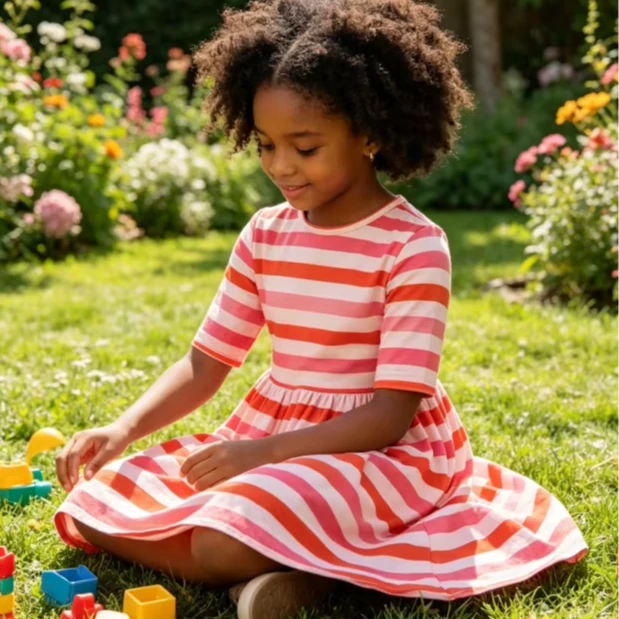 Baby Kids Toddler Girl Milk Silk Custom Print Fashion Red Stripe Pocket Twirl Dress product image 1
