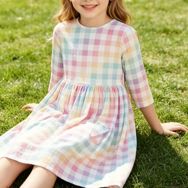 Price Hot Sale Boutique Children's Baby Girls Pastel Plaid Pocket Twirl Dress product image 1