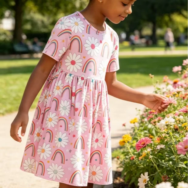 Custom Print Floral Milk Silk Baby Girls Rainbow DaisiesTwirl Dress product image 1