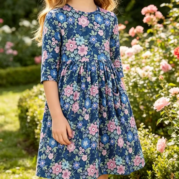 Custom Milk Silk Baby Girls O-Neck Casual Daily Wear Whimsy Pocket Twirl Dress product image 1