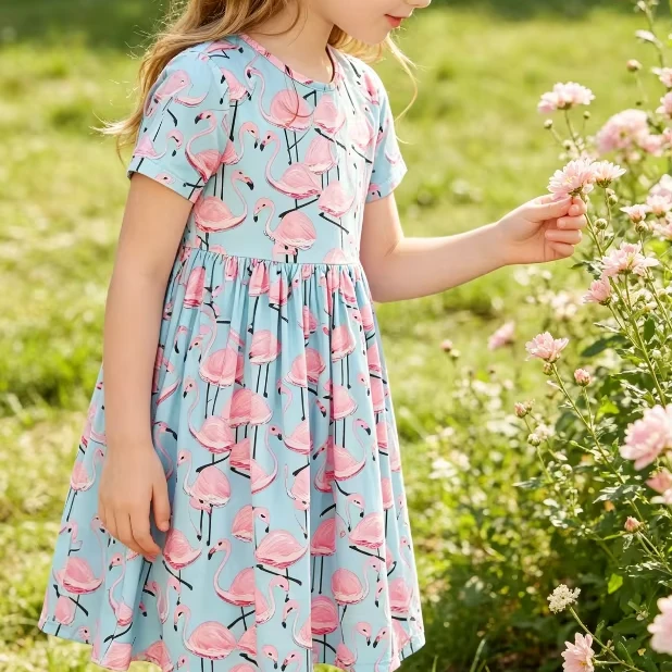 Summer Girl Toddler Clothes Pretty in Pink Flamingos SS Pocket Twirl Dress product image 1