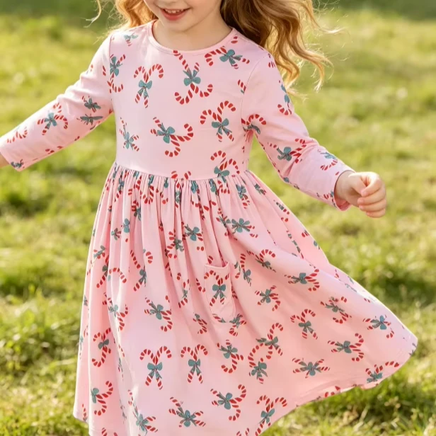 New Fashion Printed Custom Children's Baby Girls Candy Cane Cutie Pocket Twirl Dress product image 1