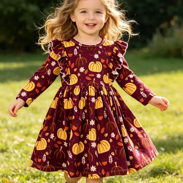 Fall Baby Kids Toddler Girl Casual Soft Twirl Dress Children's Girls Pumpkin Patch Ruffle Dresses product image 1
