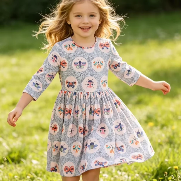 Boutique New Fashion Clothes Milk Silk Fabric Breathable Children's Baby Girls Butterfly Effect Pocket Twirl Dress product image 1