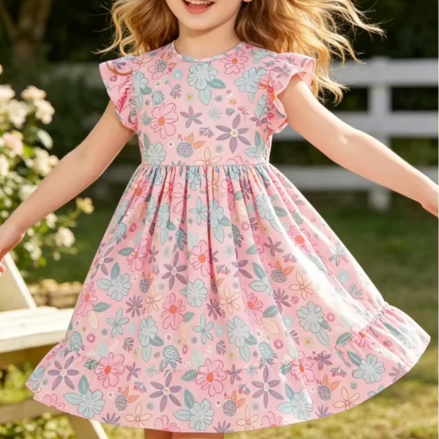 Hot Sale Summer Custom Printing Milk Silk Fabric Children's Baby Girls Beachy Blooms Flutter Sleeve Twirl Dress product image 1