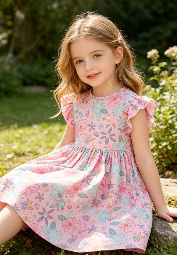 Hot Sale Summer Custom Printing Milk Silk Fabric Children's Baby Girls Beachy Blooms Flutter Sleeve Twirl Dress product image 2