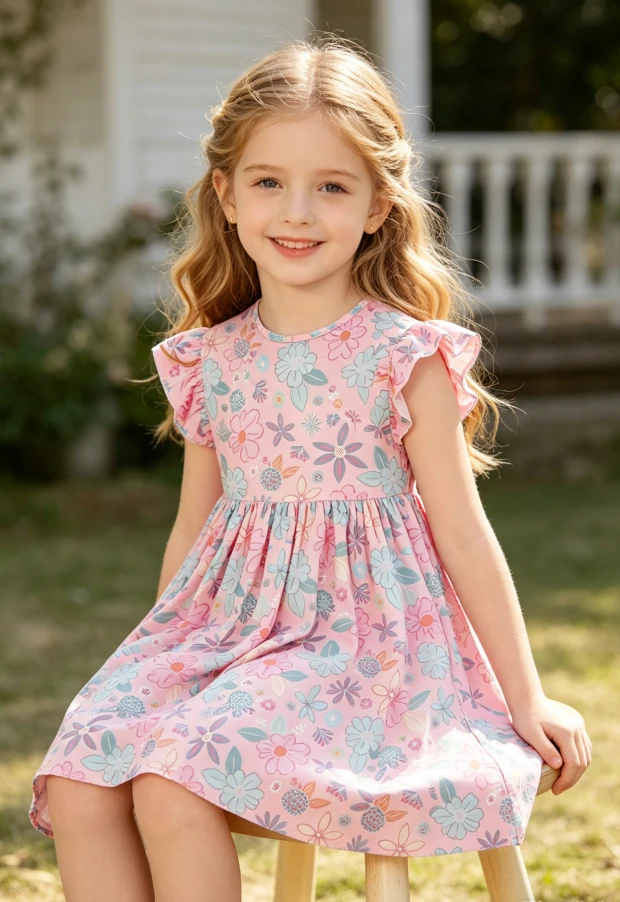 Hot Sale Summer Custom Printing Milk Silk Fabric Children's Baby Girls Beachy Blooms Flutter Sleeve Twirl Dress product image 3