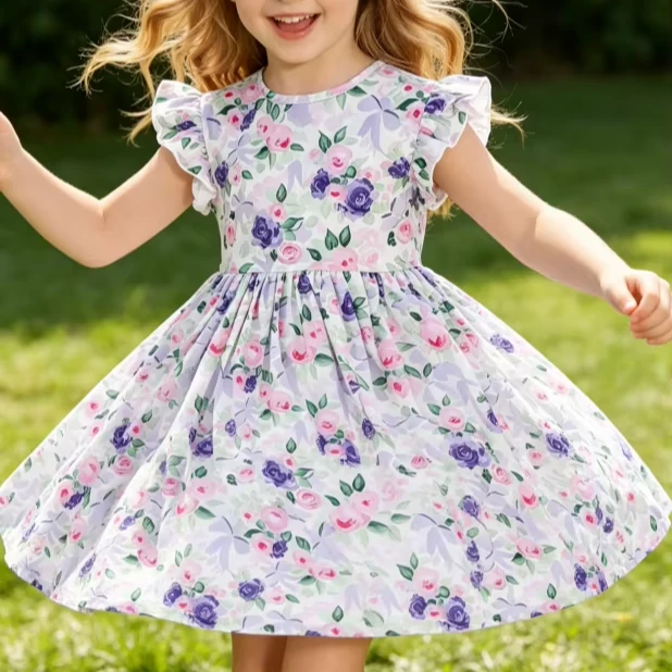 Custom Printed Milk Silk Children's Baby Girls Lavender Love Flutter Sleeve Twirl Dress product image 1