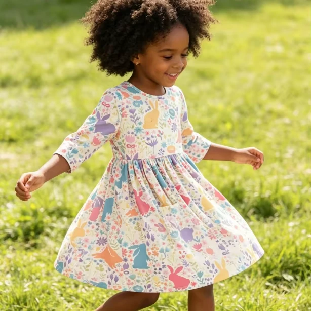 Custom Summer Printed Children's Baby Girls Pastel Floral Bunnies Pocket Twirl Dress product image 1