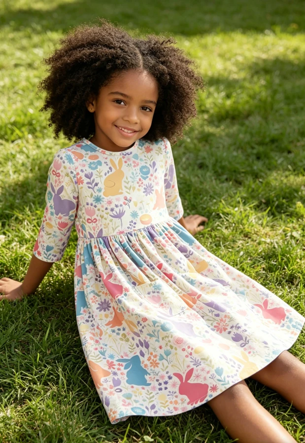 Custom Summer Printed Children's Baby Girls Pastel Floral Bunnies Pocket Twirl Dress product image 2