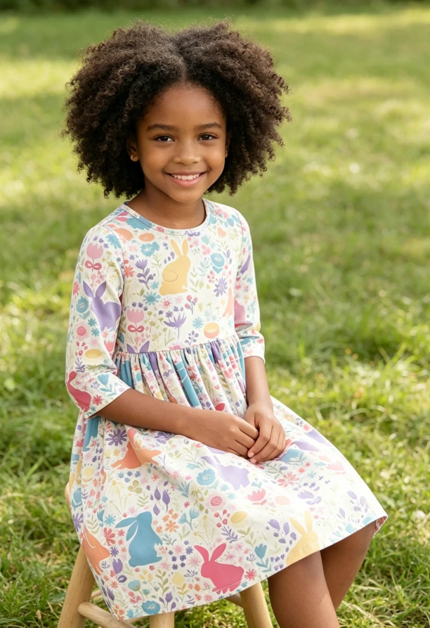 Custom Summer Printed Children's Baby Girls Pastel Floral Bunnies Pocket Twirl Dress product image 3