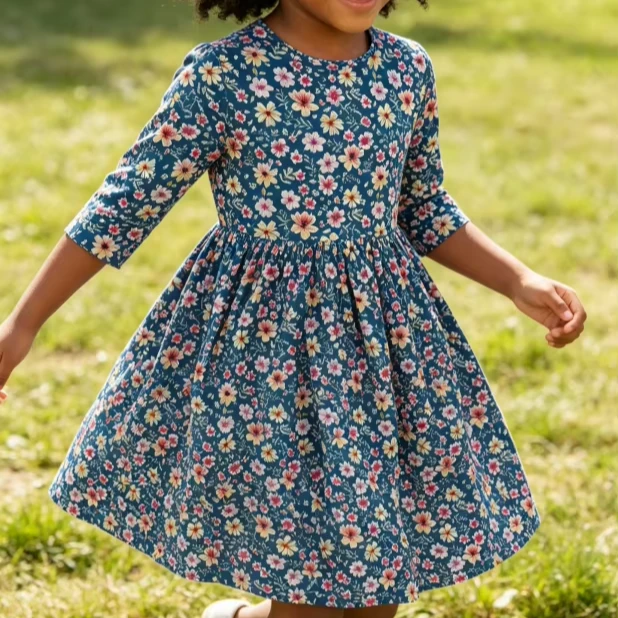 Hot Selling Milk Silk Fabric Breathable Children's Baby Girls Floral Pocket Twirl Dress product image 1