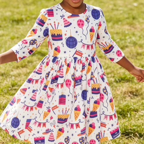 Customized High Quality Milk Silk Kids Baby Girls Happy Birthday Pocket Twirl Dress product image 1