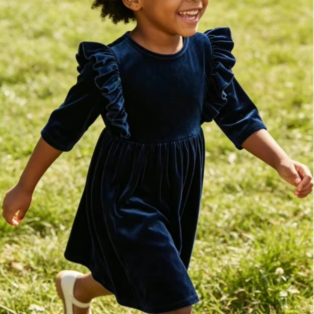 Children's Baby Girls Navy Velvet Ruffle Casual Twirl Dress product image 1