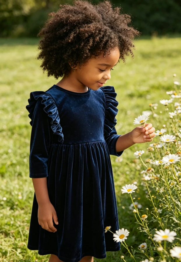 Children's Baby Girls Navy Velvet Ruffle Casual Twirl Dress product image 2
