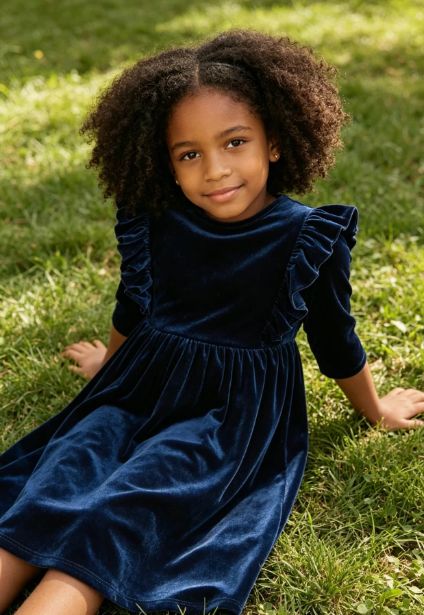 Children's Baby Girls Navy Velvet Ruffle Casual Twirl Dress product image 3
