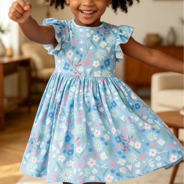 New Summer Toddler Kids High Quality Springtime Splendor Flutter Sleeve Twirl Dress product image 1