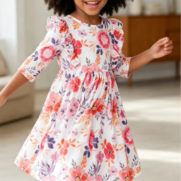 Custom Trendy Infant Toddler Child Baby Girls Tangerine Leaves Ruffle Twirl Dress product image 1