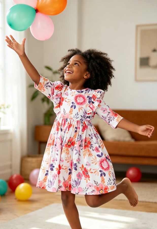 Custom Trendy Infant Toddler Child Baby Girls Tangerine Leaves Ruffle Twirl Dress product image 2