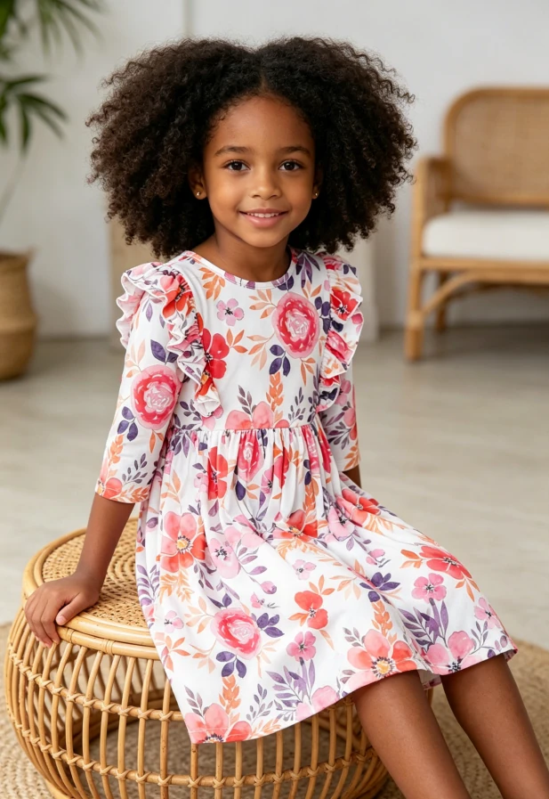 Custom Trendy Infant Toddler Child Baby Girls Tangerine Leaves Ruffle Twirl Dress product image 3
