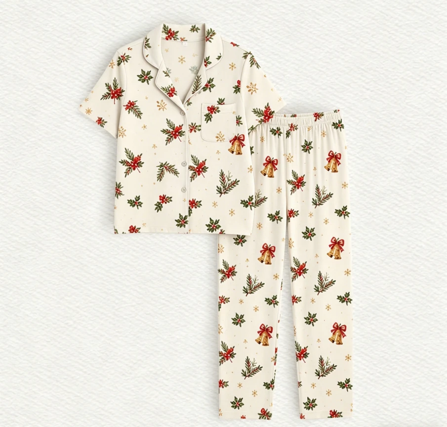 Baby Girls Christams Bell Pajamas Short Set Customized Toddler Short Sleeve Button Down PJ Set product image 1