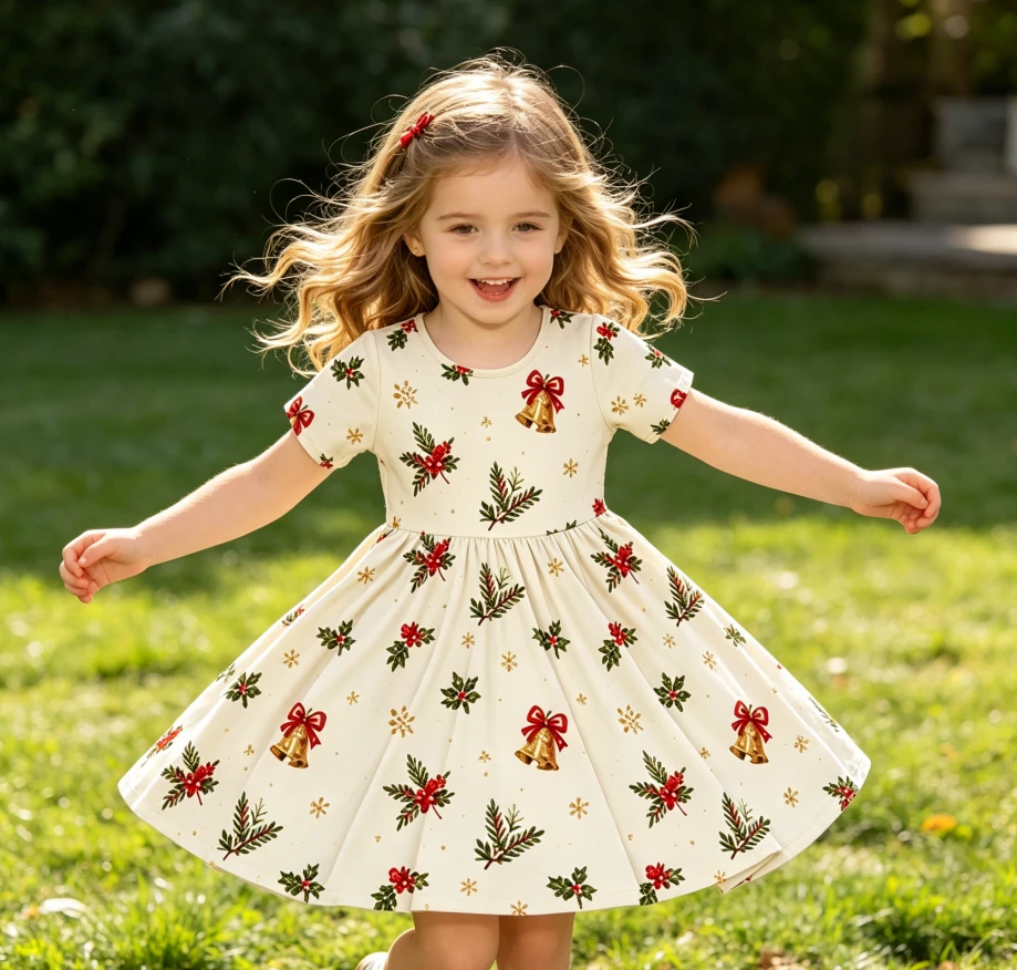 Child wearing a printed baby girls dress from the Koi Garment collection